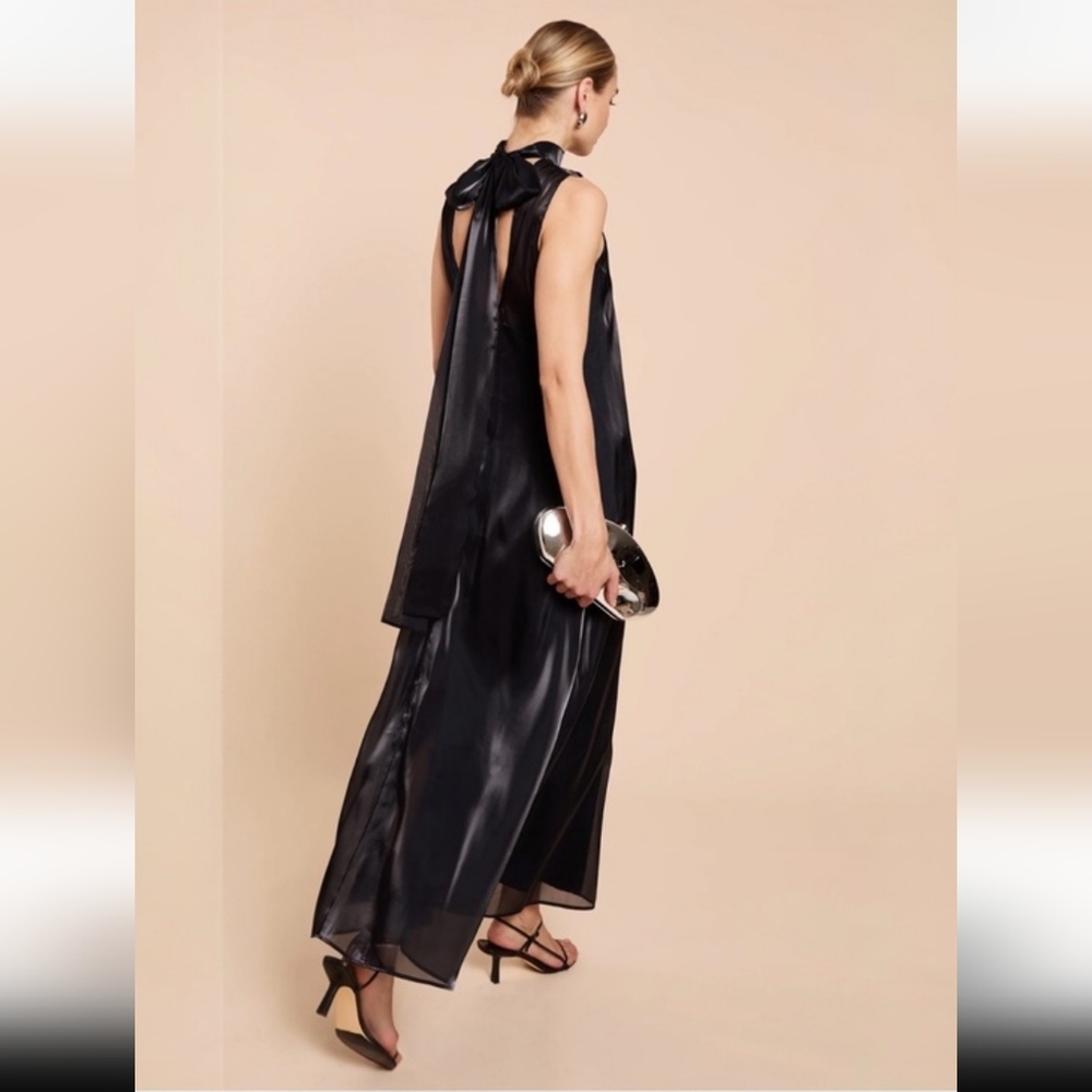 CAARA Dark Navy Alette Dress Organza High Neck Back Bow Detail Medium NWT - Picture 2 of 2